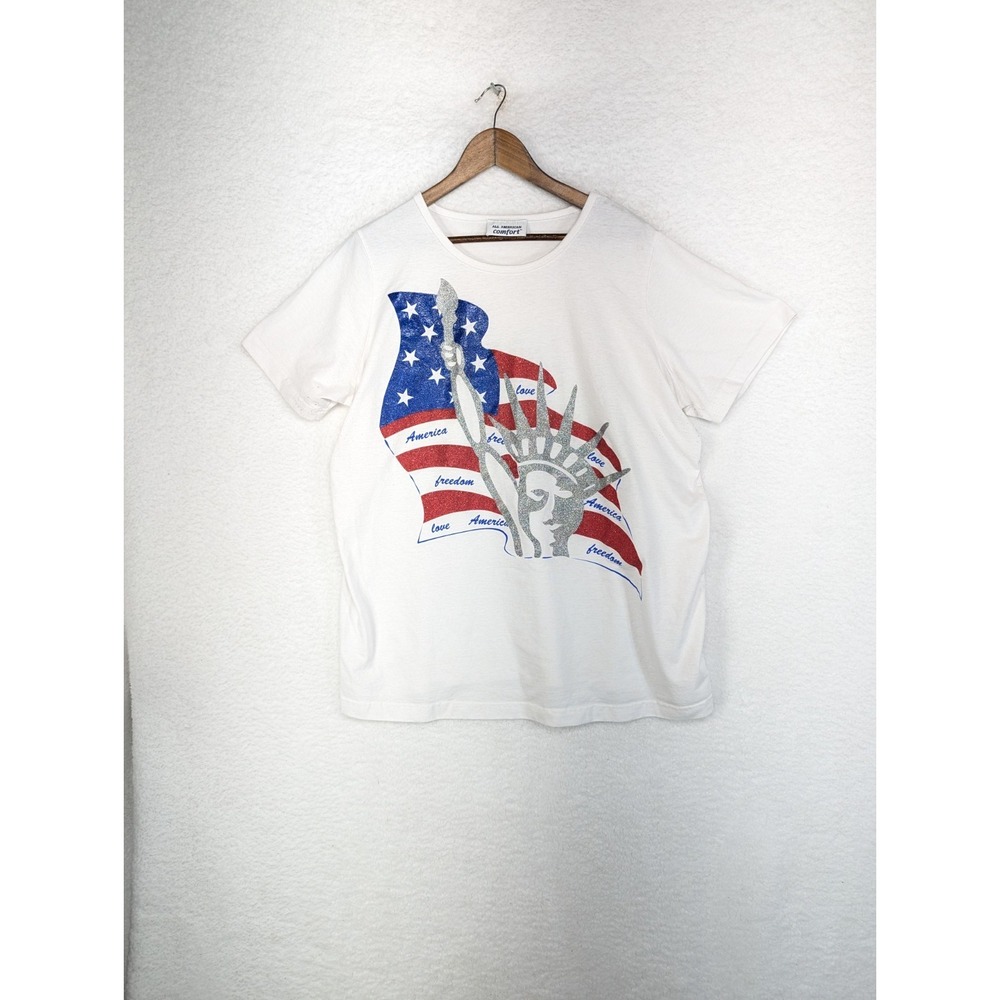 All American Comfort White American Embellished Design God Bless The USA Flag 1X
